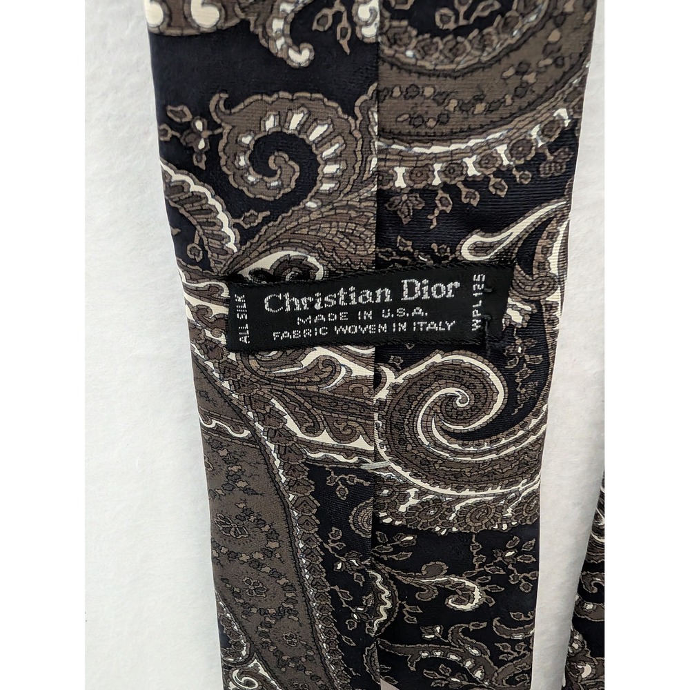 Christian Dior Mens Silk Tie Black Grey Taupe Paisley Fabric Woven in Italy USA - Picture 3 of 3